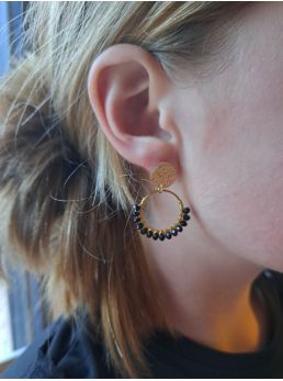 Puces pailletées, anneaux avec perles à facettes noires.