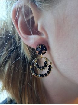 Puces en résine noire et dorée, perles à facettes noires.