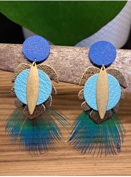 Puces cuir bleu cuir, feuille monstera et plume de paon.
