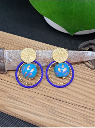 Puces ethniques, perle en bois bleu turquoise, anneau bleu roi