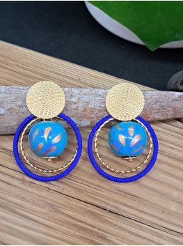 Puces ethniques, perle en bois bleu turquoise, anneau bleu roi