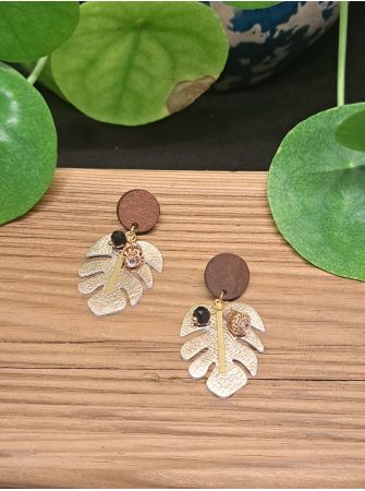 Feuille tropicale or rosé, bois et coquillage