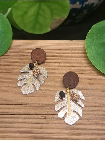 Feuille tropicale or rosé, bois et coquillage