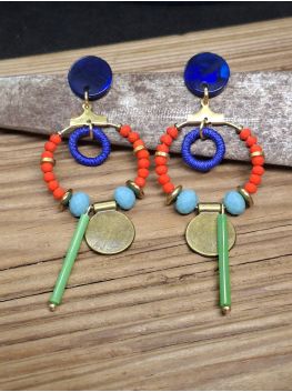 Puces bleu, perles oranges type ethnique
