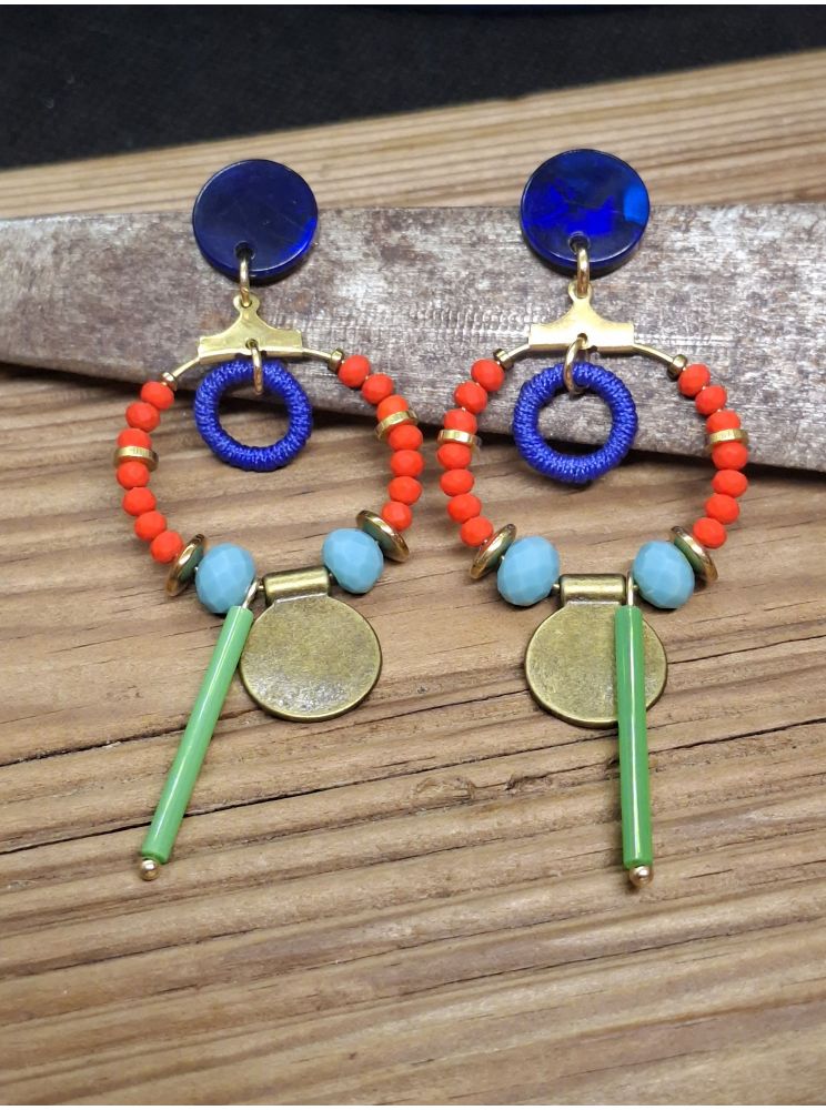Puces bleu, perles oranges type ethnique
