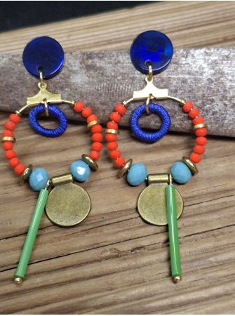 Puces bleu, perles oranges type ethnique