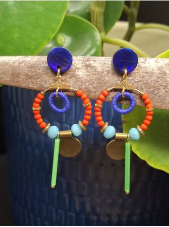 Puces bleu, perles oranges type ethnique