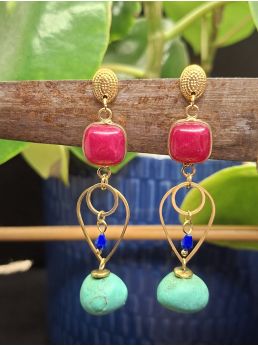 Boucles d'oreilles pierre fushia , perles turquoises