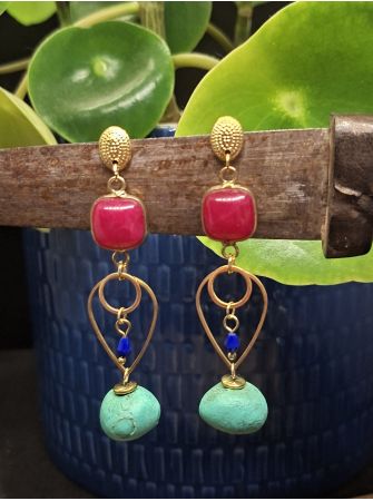 Boucles d'oreilles pierre fushia , perles turquoises