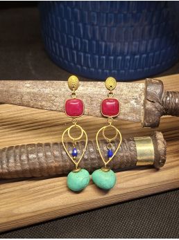 Boucles d'oreilles pierre fushia , perles turquoises