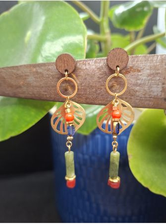 Boucles d'oreilles bois et jade verte