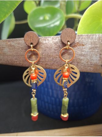Boucles d'oreilles bois et jade verte