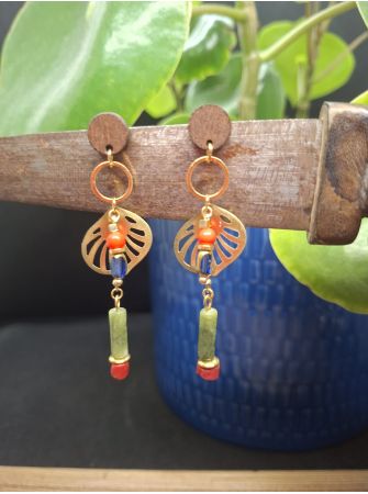 Boucles d'oreilles bois et jade verte