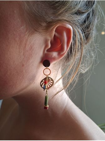 Boucles d'oreilles bois et jade verte