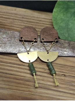 Boucles d'oreilles bois et jade verte.