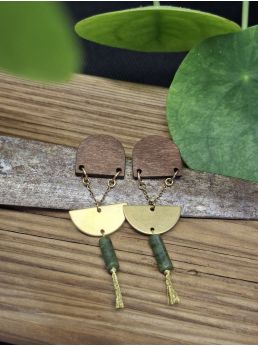 Boucles d'oreilles bois et jade verte.