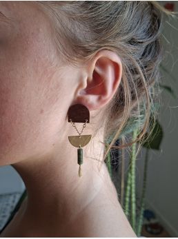 Boucles d'oreilles bois et jade verte.
