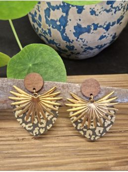 Boucles d'oreilles coeur en cuir imprimé panthère noir et doré..