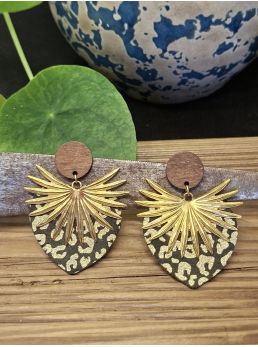 Boucles d'oreilles coeur en cuir imprimé panthère noir et doré..