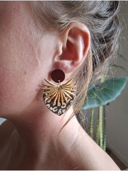 Boucles d'oreilles coeur en cuir imprimé panthère noir et doré..